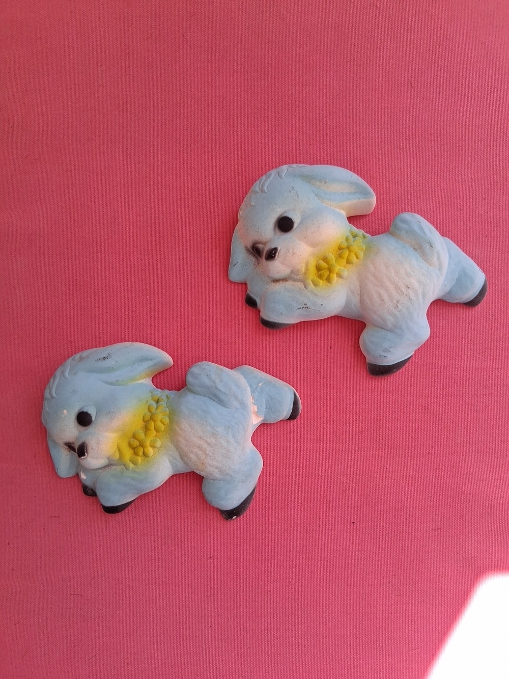 Vintage Pair of Blue Lamb Wall Plaques with Yellow Flowers Chalkware 1981 Miller